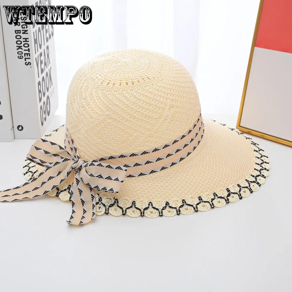 WTEMPO Printed Bow Spring Summer Foldable Sunscreen Hats Women's Solid Color Wide Brim Holiday Travel Beach Breathable Sun Hats