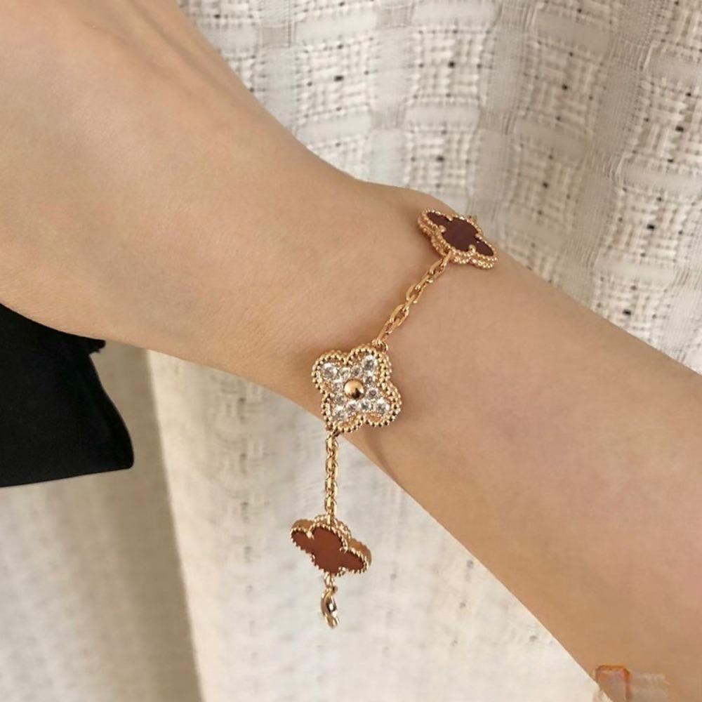 Высококачественный браслет из красного халцедона с лазерной гравировкой «Четырехлистный клевер» и «Пятицветник», из розового золота 18 карат, ювелирное изделие класса люкс, подарок для девушки