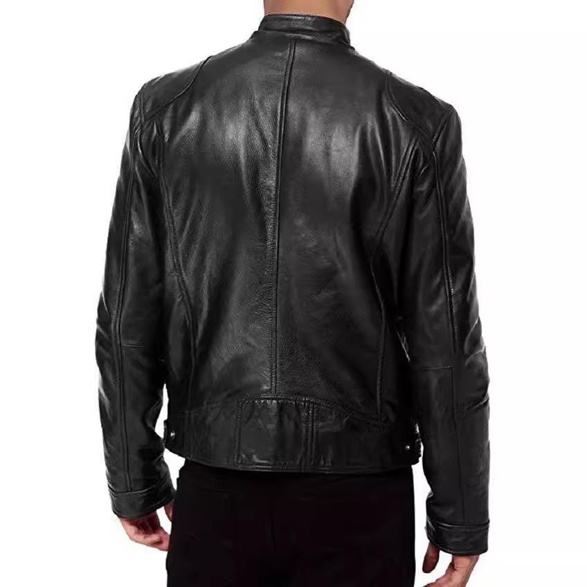 Большая мужская приталенная кожаная мотоциклетная куртка 2023 года со стойкой и декоративными карманами на молнии