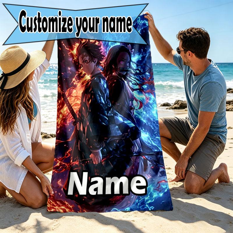 Custom Name Personalized Demon Slayer Print Beach Towel, for Trip Camping Beach Party Home Decor, Birthday Gift for Family & Friends