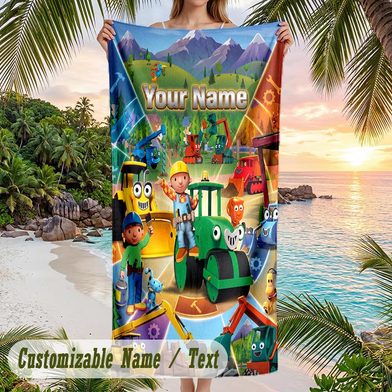 Bob the Builder Beach Towel, Personalized Custom Text, Quick Dry Soft Large Towel For Swimming Pool Travel
