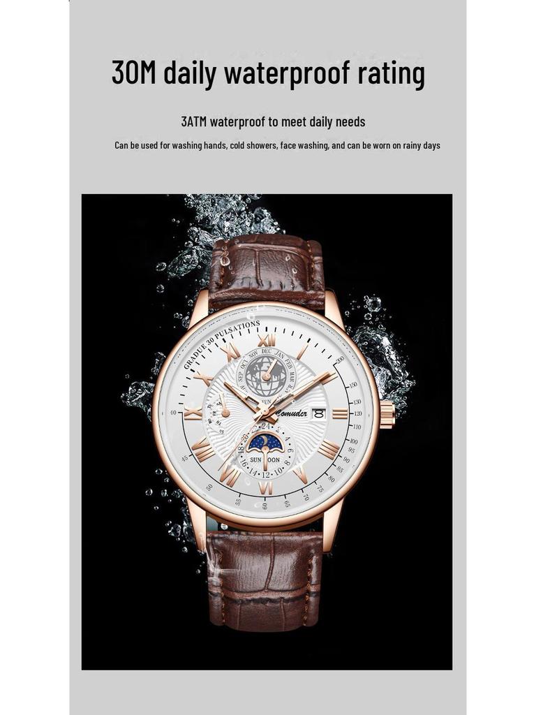 Швейцарские мужские кварцевые часы с кожаным ремешком - настоящие водонепроницаемые брендовые часы