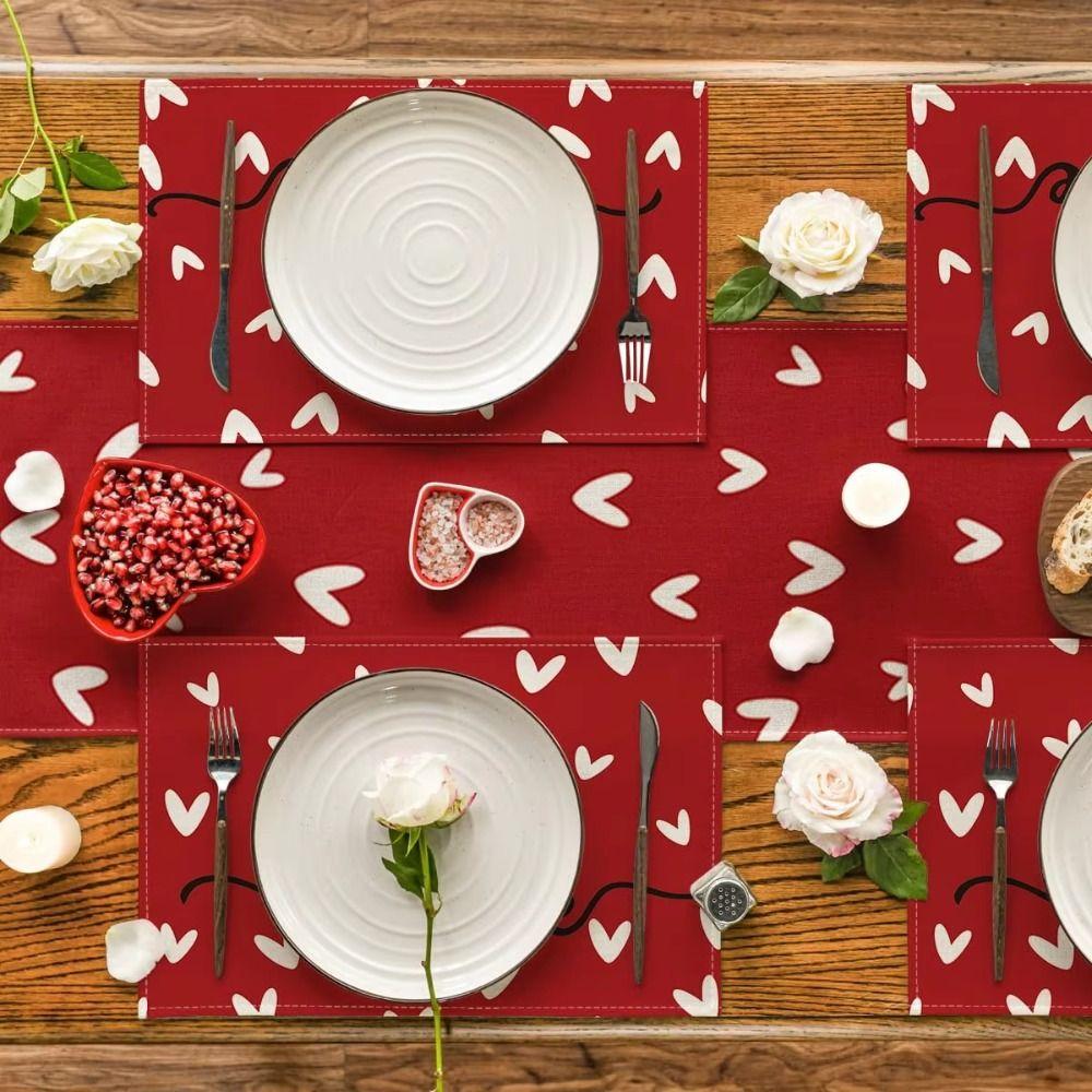 4Pcs 30x45cm Red Love Hearts Table Mats Linen Dining Table Mat Farmhouse Burlap Placemat  Kitchen