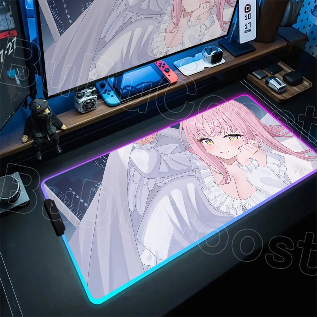 RGB Blue Archive Kawaii Misono Mika Mousepad PC Gaming Accessories Desk Mat Non-Slip Rubber Cool Light LED Office Work Mousepad
