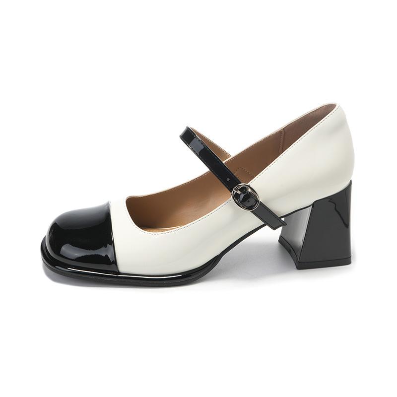 Mary Jane Women'S Shoes Black And White Color Matching Round Head Thick Heel Single Shoes With Skirt One-Word Heel Shoes