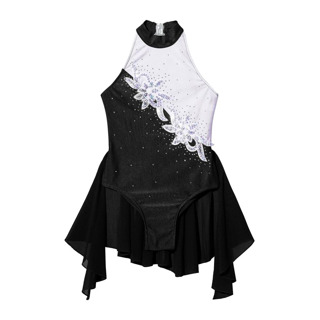 Kids Girls Elegant Chiffon Dress Sleeveless Stand Collar Backless Rhinestone Floral Stage Costume