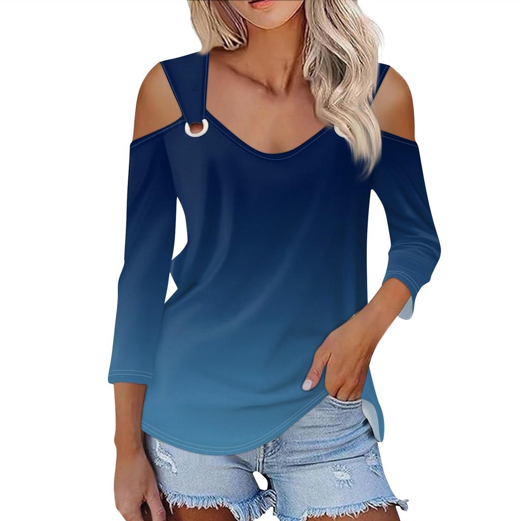 Women's Casual Shirt Blouse Print V-neck Sexy Cold Shoulder 3/4 Sleeve Top
