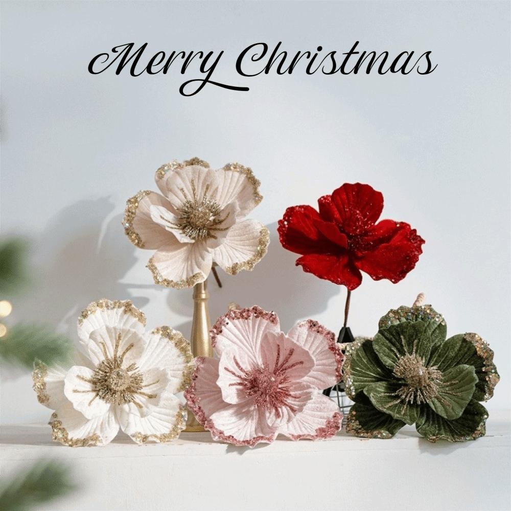 Glitter Finish Artificial Poinsettia Flowers Glitter Christmas Flowers Party Supplies