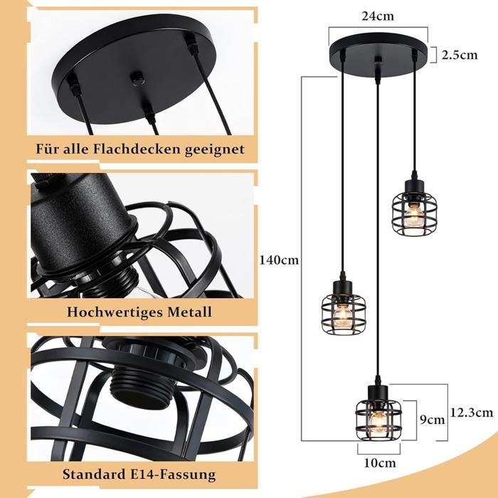 Suspension NETTLIFE 3 lumières Métal noir Douilles E14