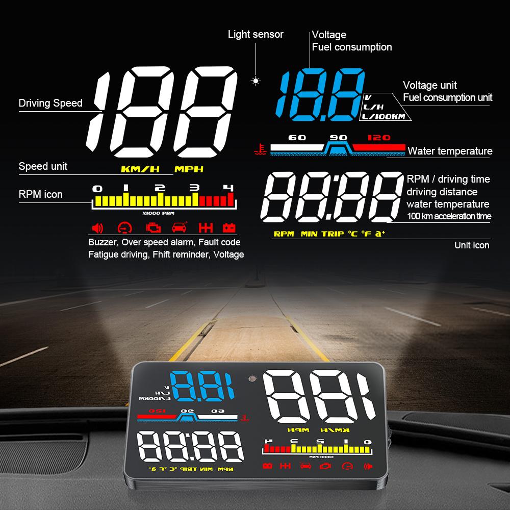 D5000 Проекционный дисплей OBD Автомобильный HUD Проектор HD для лобового стекла Км/ч MPH Цифровой спидометр Дисплей Smart Water Temp Dashboard
