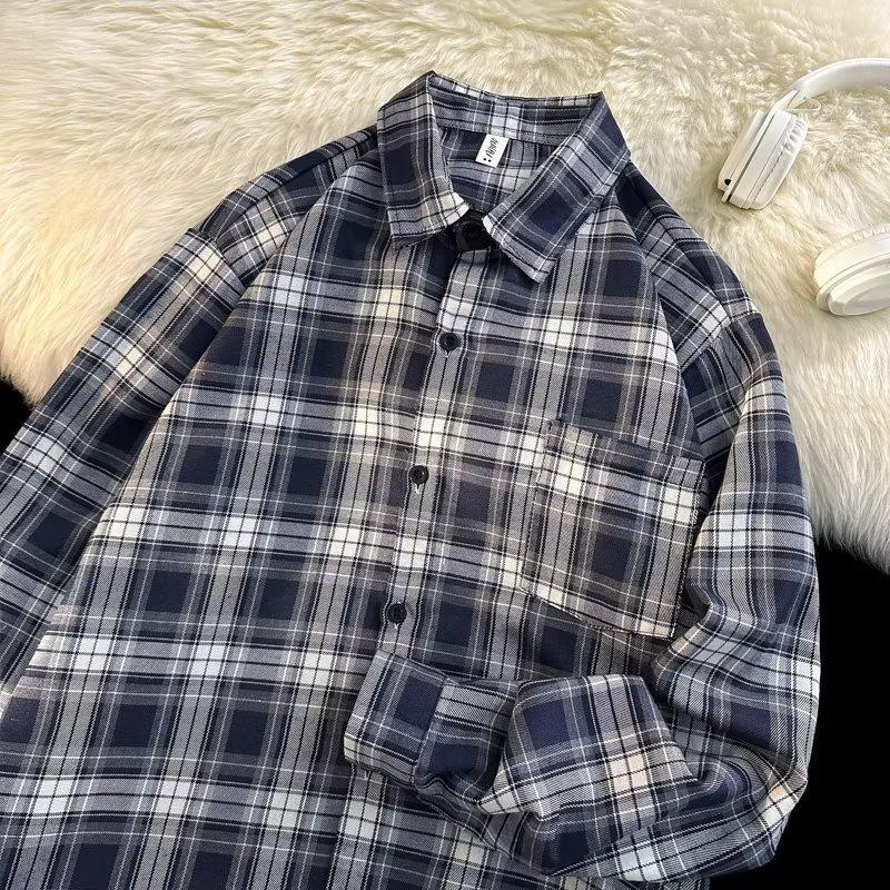 Мужская шикарная рубашка-кардиган с длинным рукавом в корейском стиле, в клетку ретро, с защитой от солнца - Осенняя мода