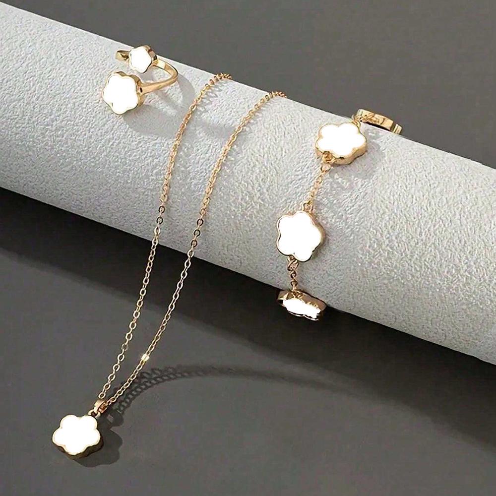 Набор из 3 предметов с цирконом для женщин, модный и элегантный, ожерелье в форме цветка, браслет, кольцо, аксессуары, подходит для повседневного ношения