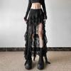 Women's Lace Spliced Skirts Black High Waist Ruffle Irregular Long Skirt Gothic Style Streetwear Summer