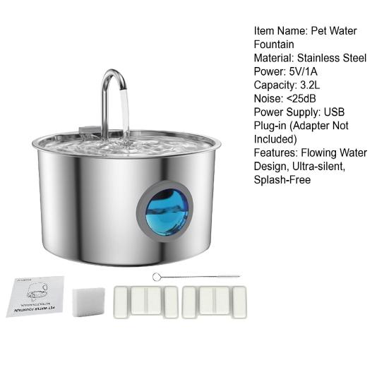 3.2L Dog Water Fountain Stainless Steel Quiet Pet Fountain with Quadruple Filtration Splash-Free Purification Fountain with Visual Water Level