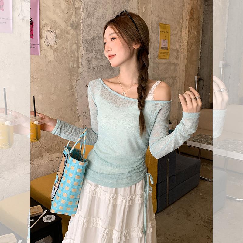 Slant collar one-word off-shoulder thin micro-transparent sunscreen blouse long-sleeved t-shirt women's summer new pleated waist top