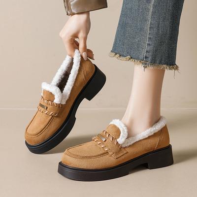 Зимняя обувь Женские лоферы Теплый плюш Нескользящие Модный бренд Женские меховые туфли Квадратный каблук 4 см Желтый Большой размер 42 DX762