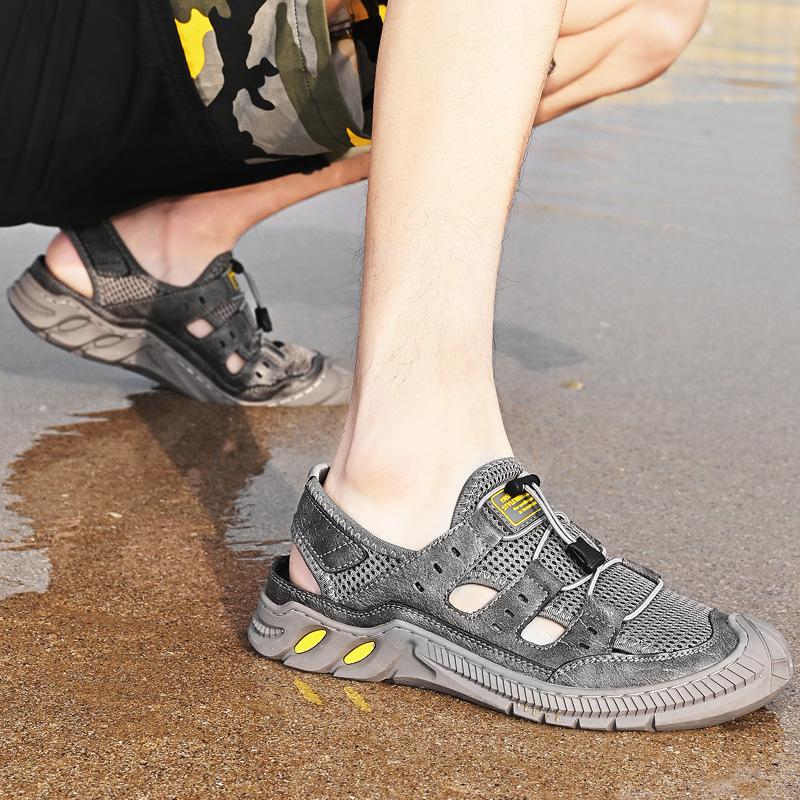 Летние сетчатые сандалии мужские новые модные пляжные туфли-лодочки мужская аутентичная кожаная ажурная спортивная повседневная обувь