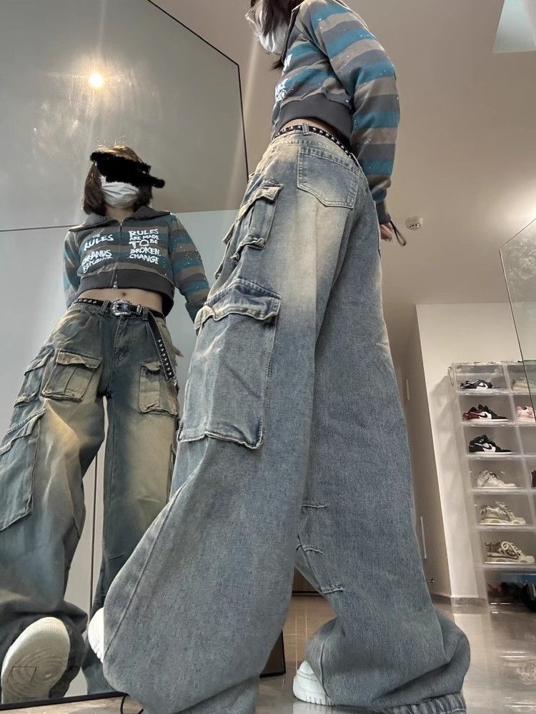 Винтажные мешковатые джинсы Harajuku 90-х годов Y2k, женские джинсовые брюки-карго с несколькими карманами в стиле гранж, повседневные широкие брюки с низкой посадкой