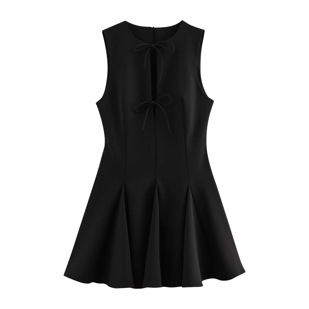 Women's French- Fashion Short Dress With Wide Hem And Bow Detail