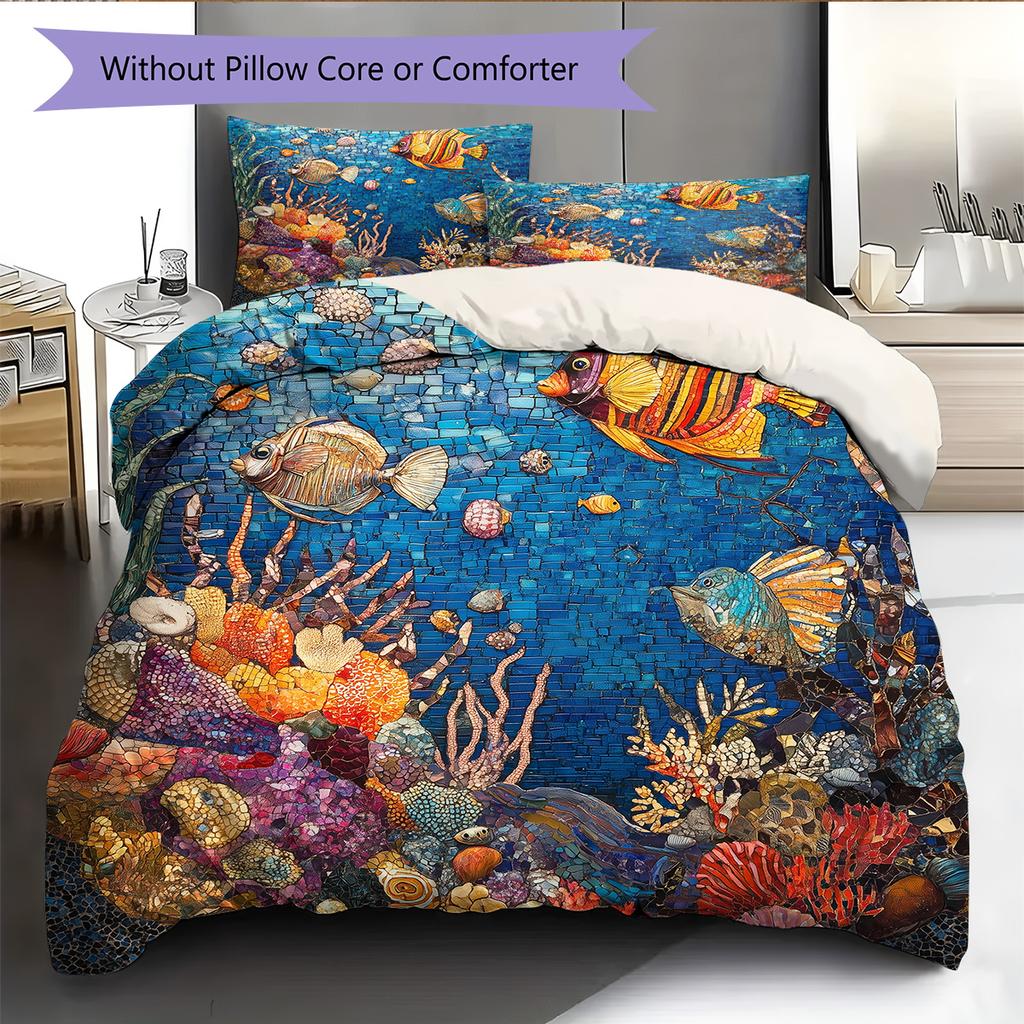 Ocean Fish Pattern Bedding Quilt Set Home Decoration Gift (1 * duvet cover + 2 * pillowcase without core)
