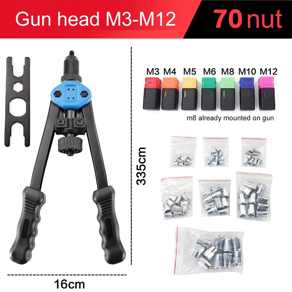 Rivet Gun 13" Hand Rivet Gun with M3-M12 Rivets Set - Double Handle Rivet Gun for Blind Rivet, Aluminum Rivet, Steel Rivet
