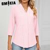 Women's Fashion Casual Solid Color Print 3/4 Sleeve V Neck Blouses & Shirts