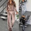 2025 Trendy European & American Leopard Print Color-Block Long Pants & Long-Sleeved Homewear Set