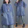 Spring/Autumn Oversized Retro Denim Shirt Dress with Drawstring and Large Pockets