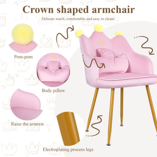 Crown Chair Crown-shaped Armchair with Pillow, Upholstered Reading Wide Seat, Ergonomic Accent Velvet Fabric Wingback for Living Room, Bedroom, Dorm,