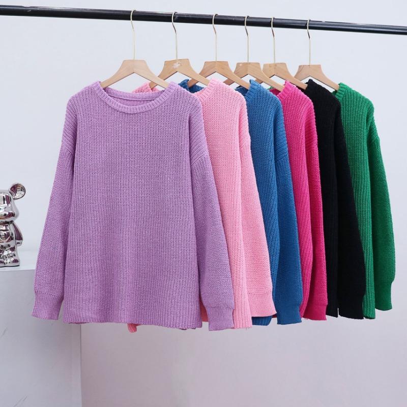Women's Autumn and Winter Loose Round Neck Solid Colour Long Sleeve Knitted Sweater