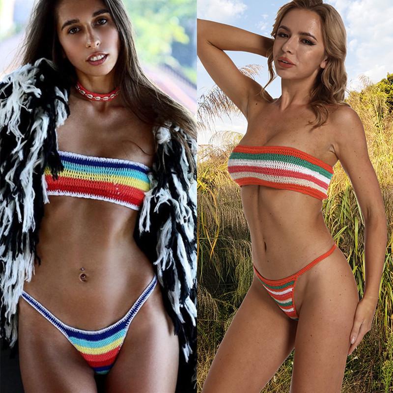 European & American Influencer Striped Handmade Crochet Bikini Set