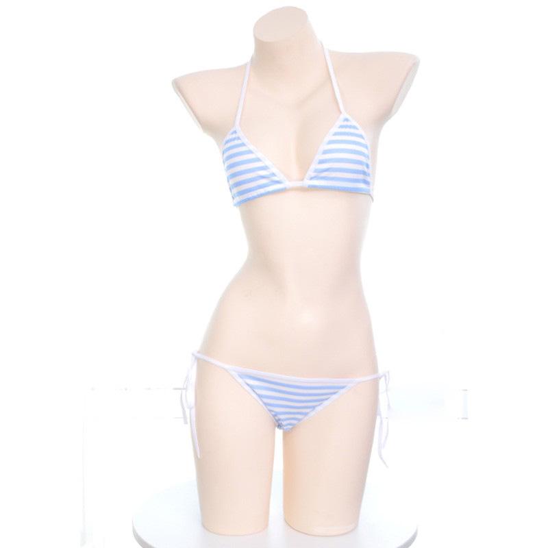 Blue & White Striped Lace-Up Bikini Set with Panties - S0326