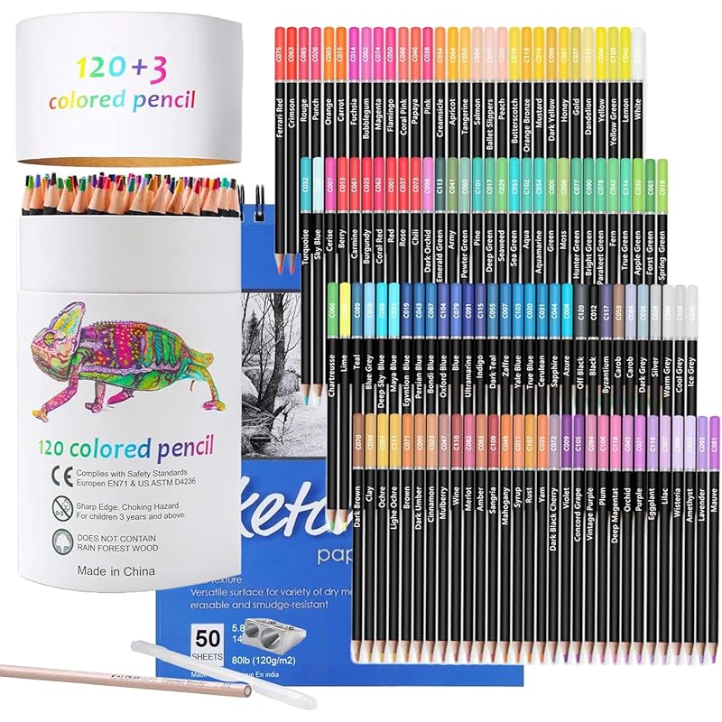 Corslet Premium Colour Pencils Set Of 120 & A5 Sketch Book 50 Sheets Pencil Colours Artists Soft Core Vibrant Color Penc