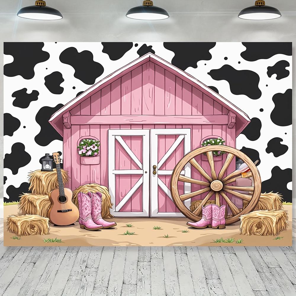1 piece of 2D flat banner - Western barn party background - featuring pink barn cattle patterns small carts and guitar design