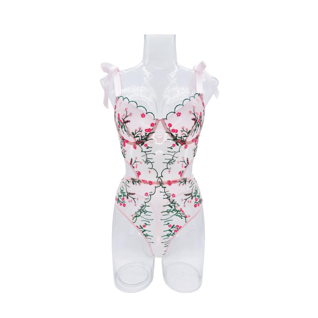 Осенний новый ультратонкий сетчатый сексуальный цельный забавный комплект с французской цветочной вышивкой