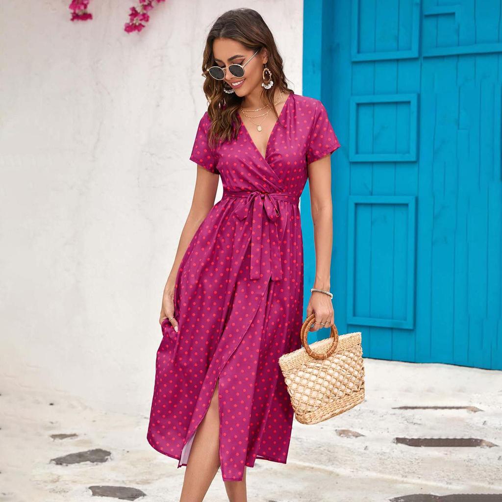 Женское летнее платье с короткими рукавами и высокой талией в этническом стиле на шнуровке