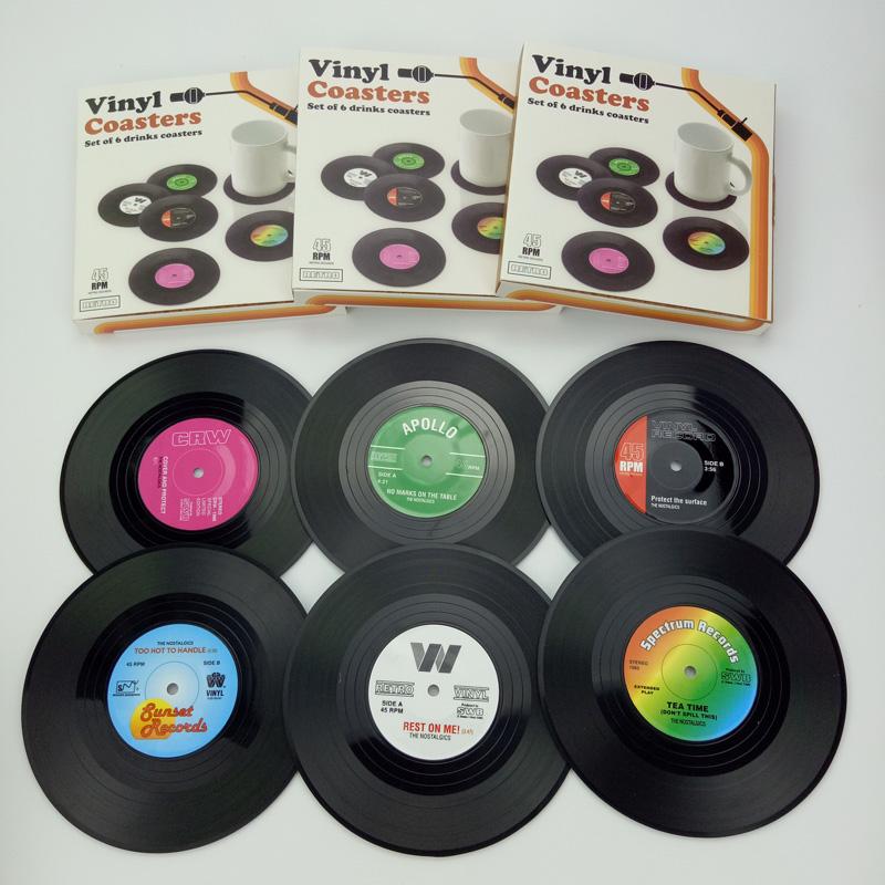 6pc Record Cup Plastic Retro Disk Cup Mat Anti-slip Coffee Coasters Heat Resistant Drink Mug Mat Table Placemat Holder Home Deco