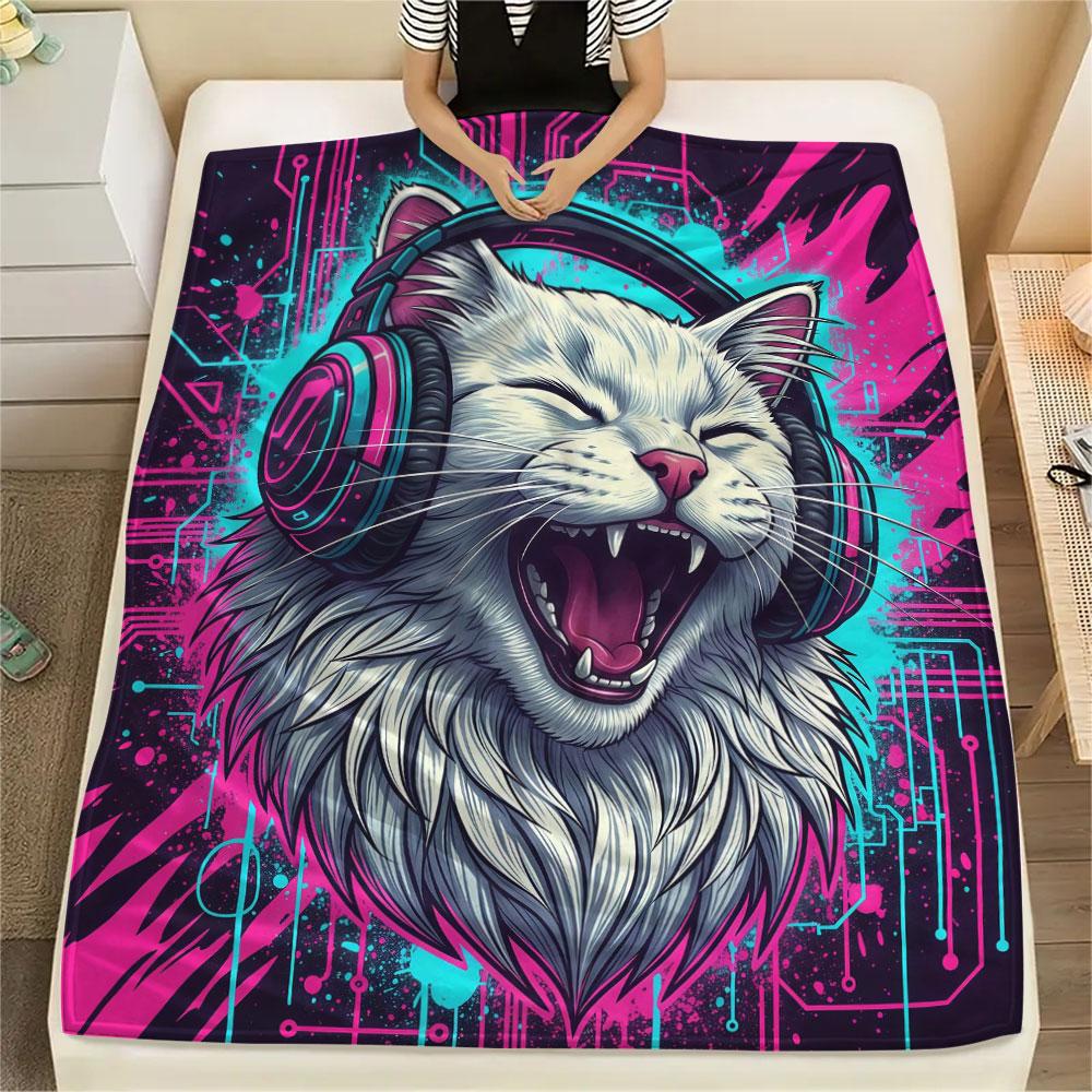 1Pc Animal love music Print Flannel Blanket, High quality Comfortable for All Seasons, Home Decor, Warmth and Comfort, Perfect for Christmas Gifts