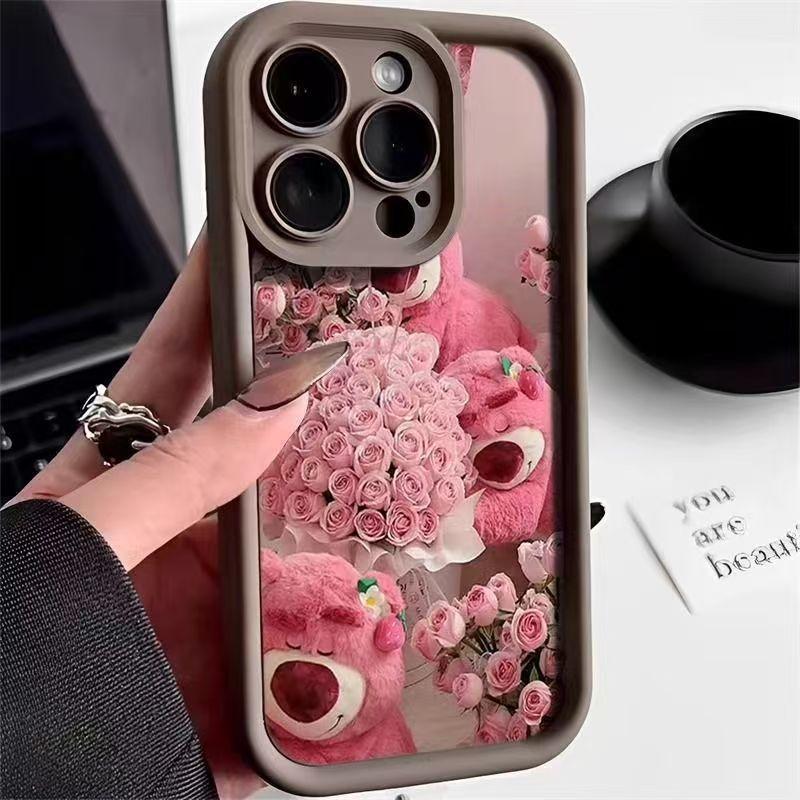 Pink Rose Strawberry Bear Case for Apple 2017 New Phone Case, iPhone 16, 15, Cute, 14, Cartoon, 13 Trendy