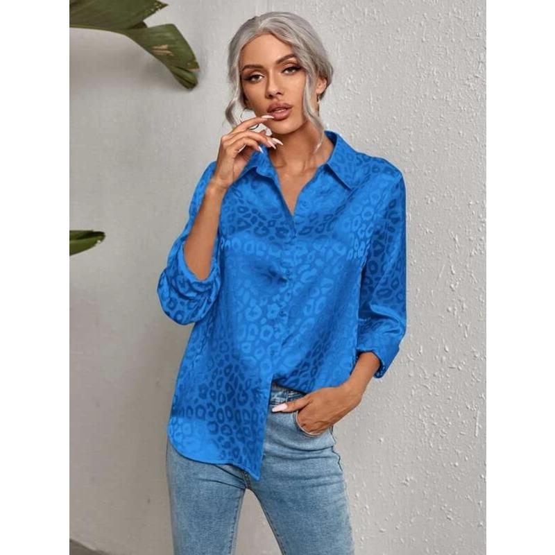 Женская мода повседневная летняя весна леопардовый принт длинный рукав воротник поло блузки и рубашки