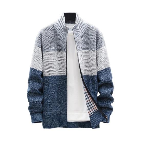 Men Autumn Winter Sweater Coat Stand Collar Thick Plush Color Matching Knitted Elastic
