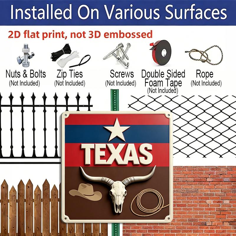 2D Flat- 1pc, Vintage Square Aluminum Sign with Longhorn Skull and Rope Elements, Themed Decoration Patio or Study, Rustic Display
