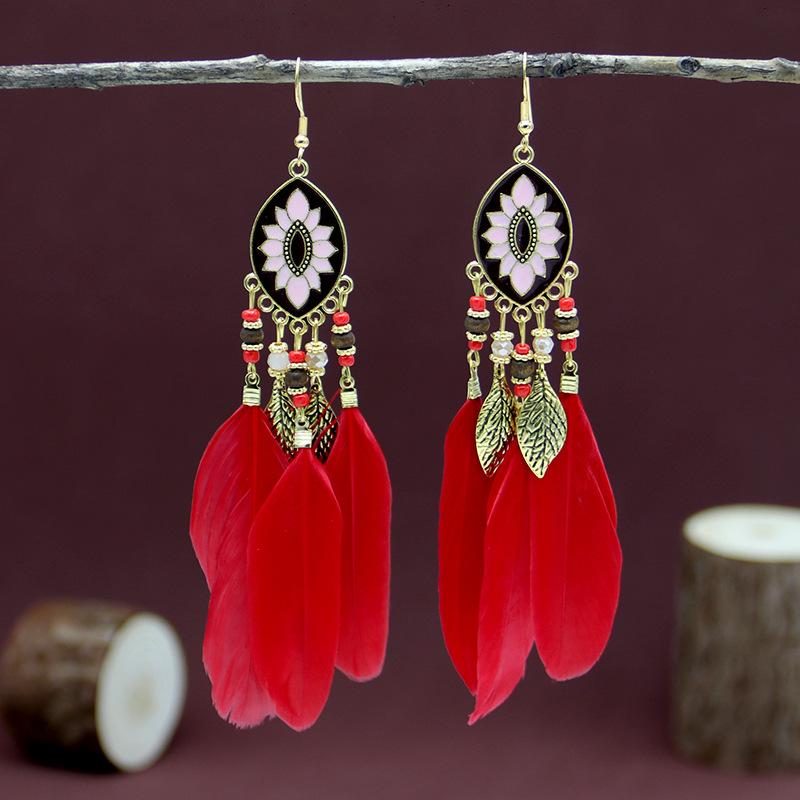 Этнический стиль длинные серьги с перьями и бахромой красные женские модные ретро-серьги в национальном стиле праздничные фотоукрашения