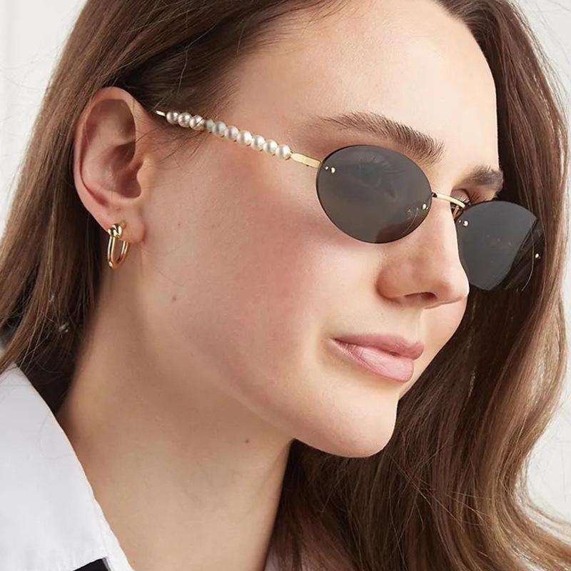 Small Frame Oval Rimless Pearl Sunglasses for Women Men Luxury Brand Vintage Sun Glasses Fashion Boundless Shades Eyewear