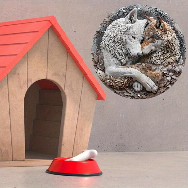 Wolf Couple Metal Wall Art - 8" Aluminum Round Wreath Sign - Weather Resistant HD Print for Home Decor