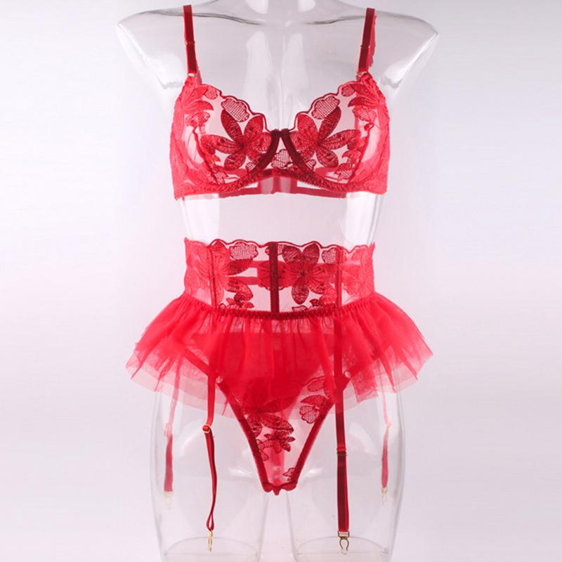 Комплект женского сексуального нижнего белья Пуш-ап На бретелях Вышитая сетка Прозрачный комплект нижнего белья Прозрачные трусики Бюстгальтер 3 предмета Ланжери