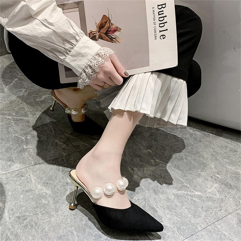 Модные женские тапочки Baotou, летние, новые, с острым носком, с неглубоким носком, замшевые, с жемчужным прозрачным ремешком, изящные, на высоком каблуке, сандалии