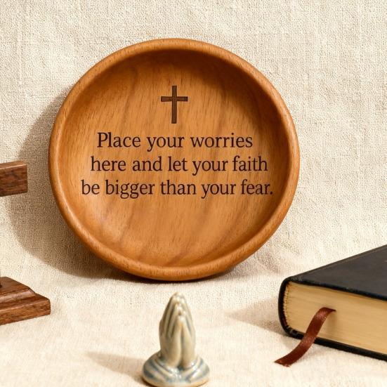 Wooden Prayer Bowl Farmhouse Rustic Handcrafted Bible Verses Faith Bowl Round Decorative Scripture Blessing