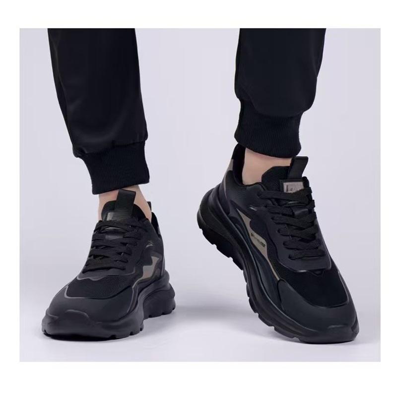 Men Waterproof Height Increasing Casual Shoes Spring Black Leather Soft Thick Sole Versatile Sneakers