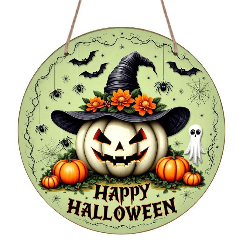 2D Flat, 1pc Retro Bohemian Style Aluminum Halloween Wall Decor Plaque - Round Witch Hat, Bat, Pumpkin And Metal Sign with "Happy Halloween" Quote
